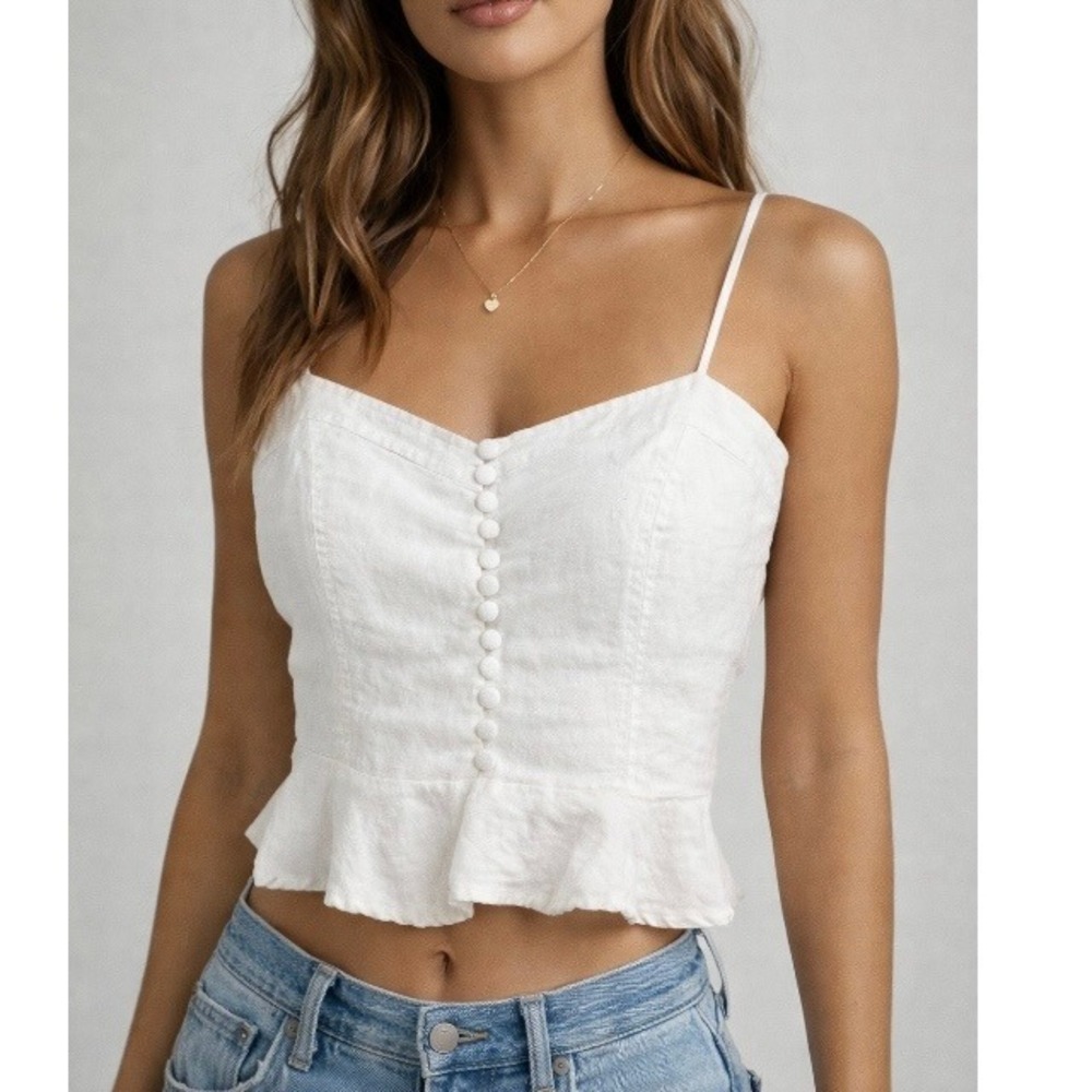 Forever 21 White Linen Blend Cropped Cami Peplum Top Smocked Back Womens Large